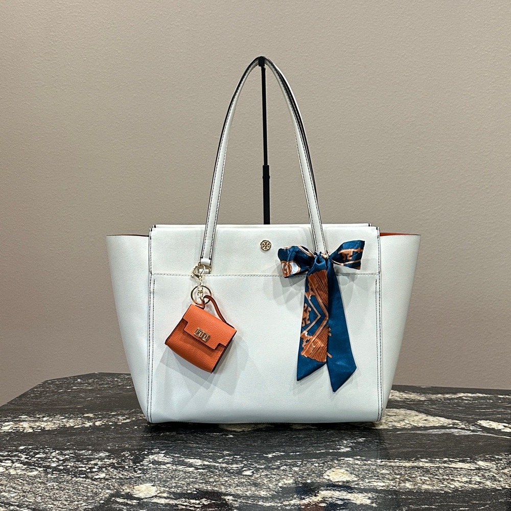 Tory Burch White Leather Tote with Blue & Orange Scarf Accent